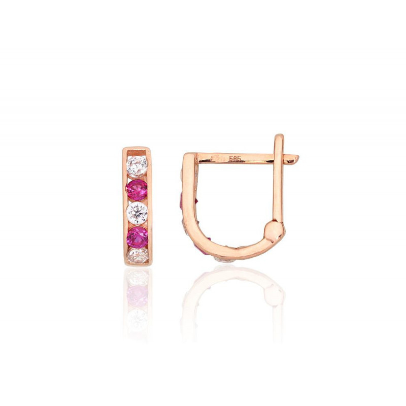 Gold earrings with 'english' lock 1201495(Au-R)_CZ+CZ-RO, Red Gold 585°, Zirkons