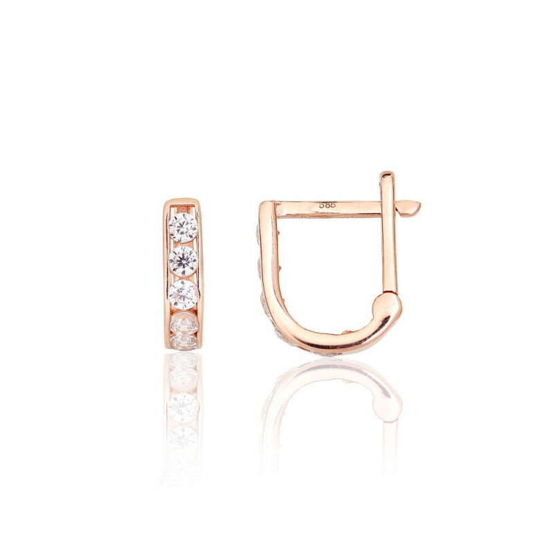 Gold earrings with 'english' lock 1201495(Au-R)_CZ, Red Gold 585°, Zirkons