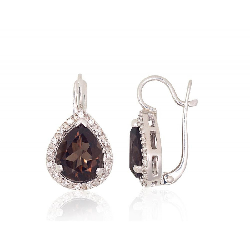 Silver earrings 2204075(PRh-Gr)_CZ+KZSM, Silver 925°, Rhodium (Plating), Zirkons , Smoky Quarz