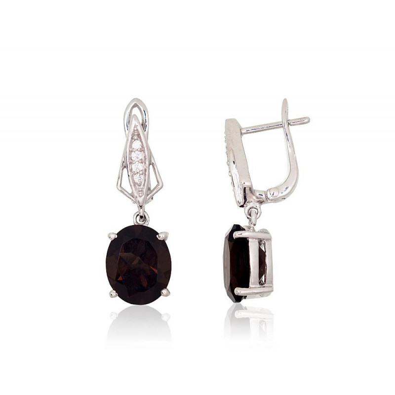 Silver earrings 2204079(PRh-Gr)_CZ+KZSM, Silver 925°, Rhodium (Plating), Zirkons , Smoky Quarz