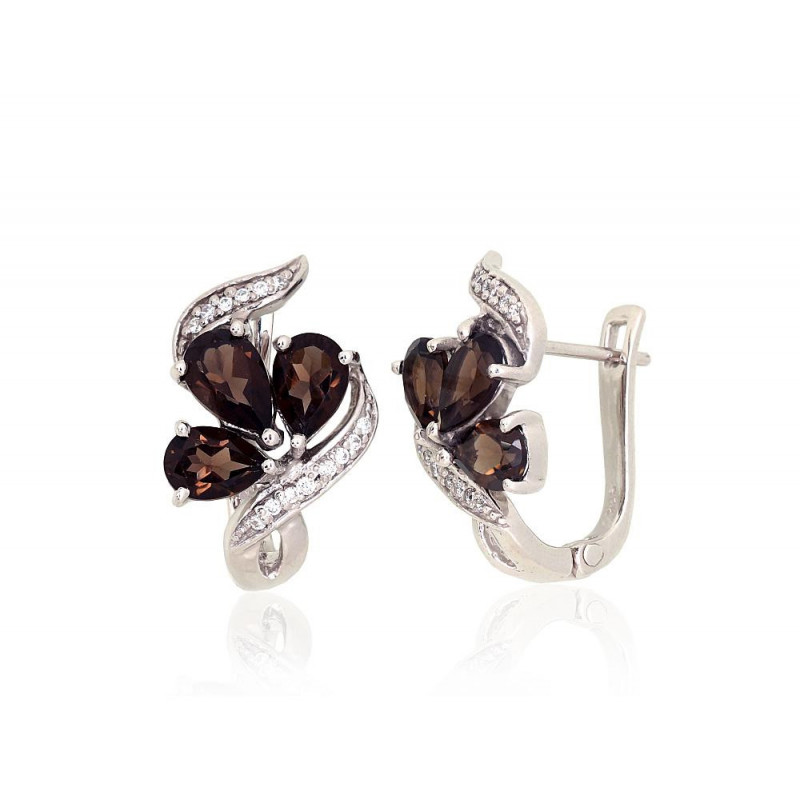 Silver earrings 2204053(PRh-Gr)_CZ+KZSM, Silver 925°, Rhodium (Plating), Zirkons , Smoky Quarz