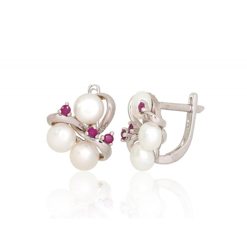 Silver earrings 2204050(PRh-Gr)_PE+RB, Silver 925°, Rhodium (Plating), Fresh-water Pearl , Ruby