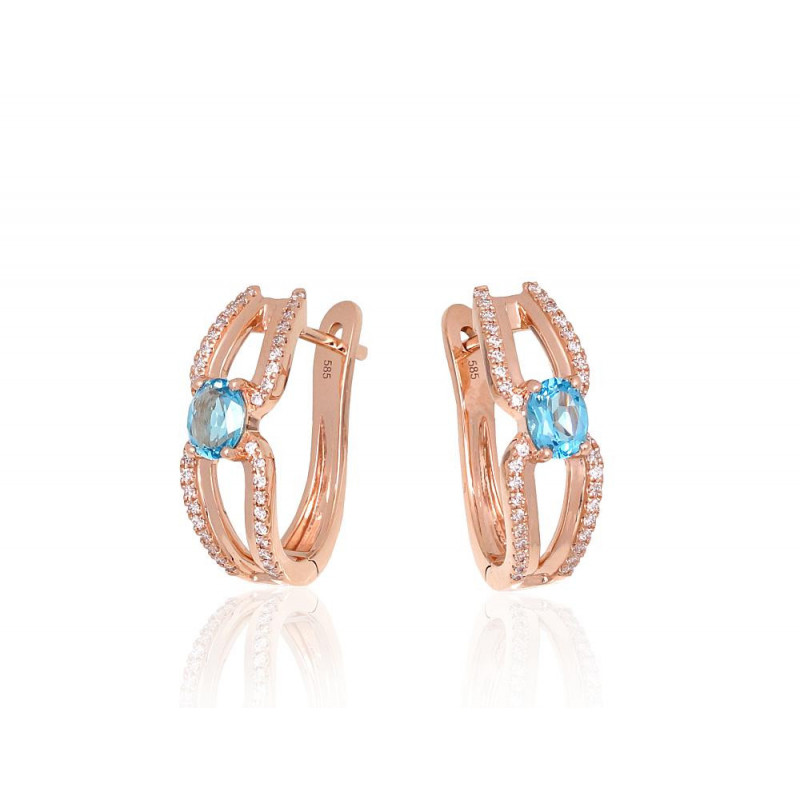 Gold earrings with 'english' lock 1201670(Au-R)_DI+TZLB, Red Gold 585°, Diamonds , Sky Blue Topaz