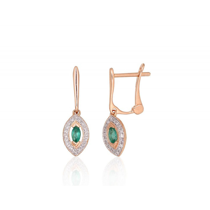 Gold earrings with 'english' lock 1201671(Au-R+PRh-W)_DI+EM, Red Gold 585°, Rhodium (Plating) , Diamonds , Emerald