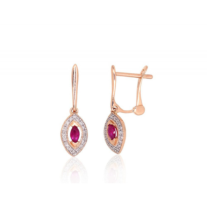 Gold earrings with 'english' lock 1201671(Au-R+PRh-W)_DI+RB, Red Gold 585°, Rhodium (Plating) , Diamonds , Ruby