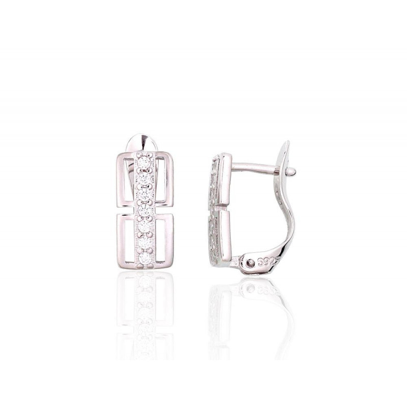 Silver earrings with 'english' lock 2204121(PRh-Gr)_CZ, Silver 925°, Rhodium (Plating), Zirkons