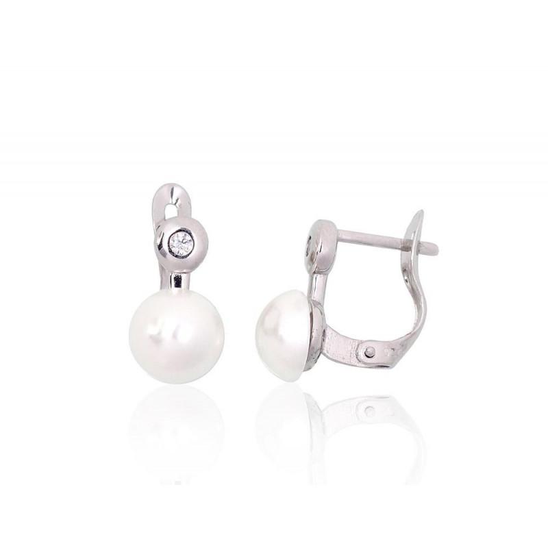 Silver earrings with 'english' lock 2204148(PRh-Gr)_CZ+PEX, Silver 925°, Rhodium (Plating), Zirkons , Fresh-water Pearl