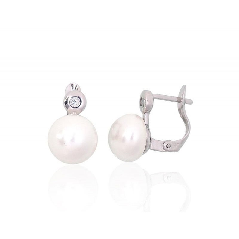 Silver earrings with 'english' lock 2204149(PRh-Gr)_CZ+PE, Silver 925°, Rhodium (Plating), Zirkons , Fresh-water Pearl