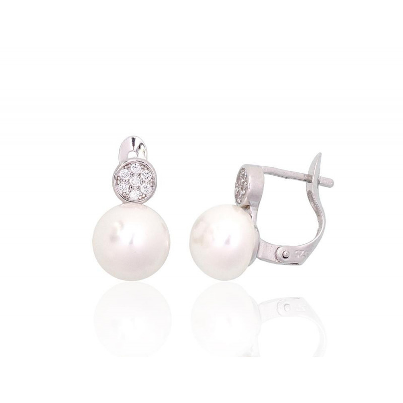 Silver earrings with 'english' lock 2204150(PRh-Gr)_CZ+PE, Silver 925°, Rhodium (Plating), Zirkons , Fresh-water Pearl