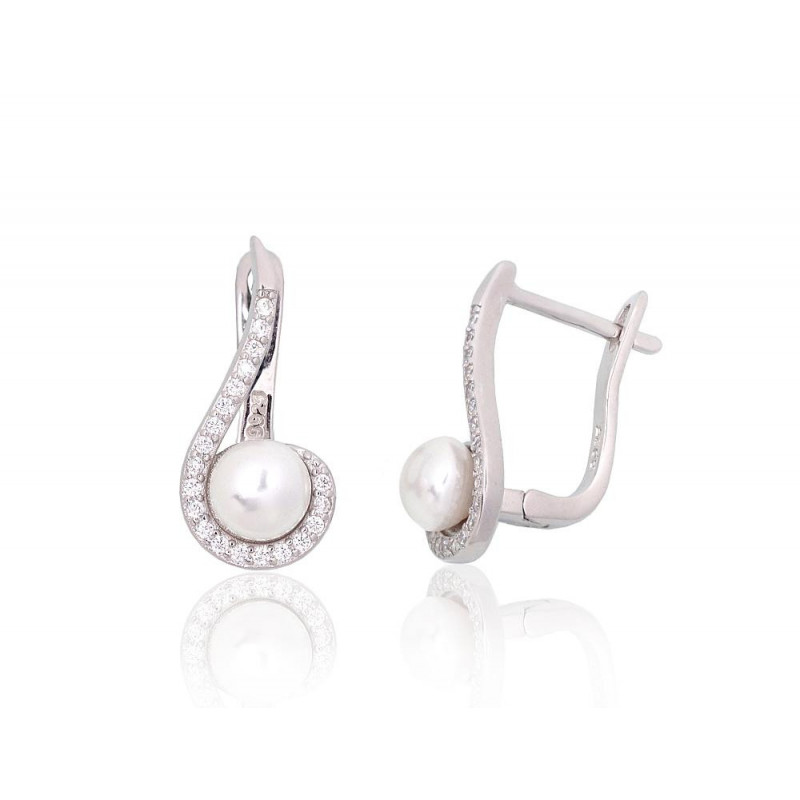 Silver earrings with 'english' lock 2204153(PRh-Gr)_CZ+PE, Silver 925°, Rhodium (Plating), Zirkons , Fresh-water Pearl