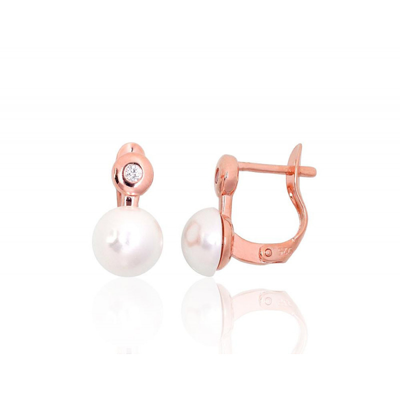 Silver earrings with 'english' lock 2204148(PAu-R)_CZ+PEX, Silver 925°, red gold (Plating), Zirkons , Fresh-water Pearl