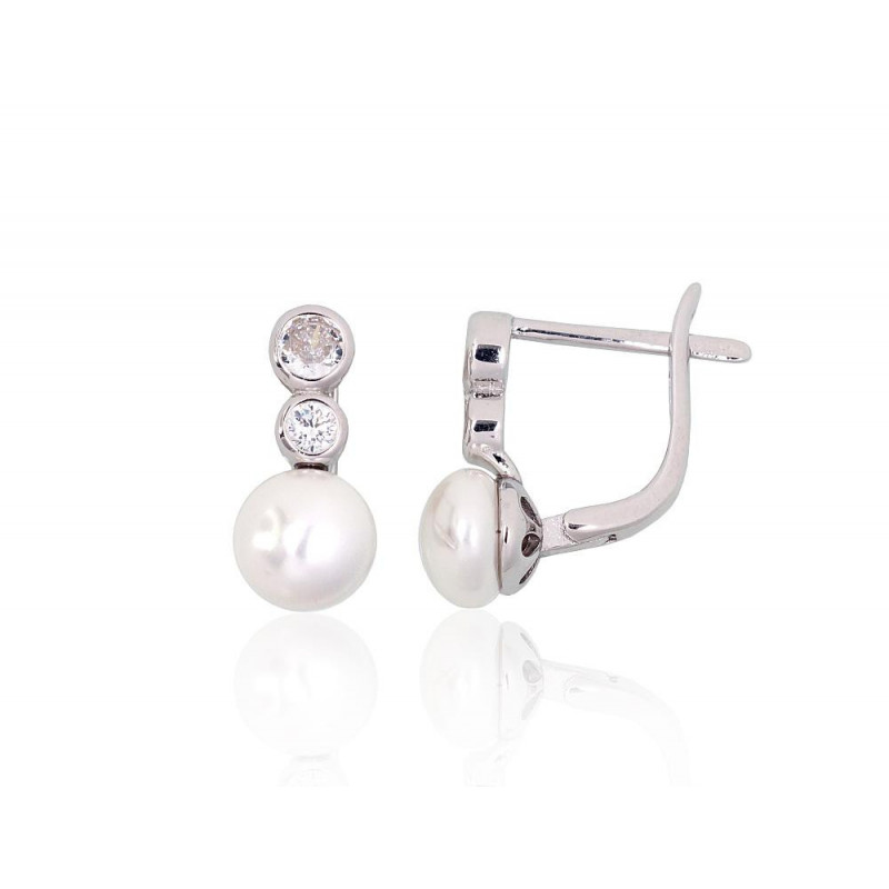 Silver earrings with 'english' lock 2204151(PRh-Gr)_CZ+PE, Silver 925°, Rhodium (Plating), Zirkons , Fresh-water Pearl