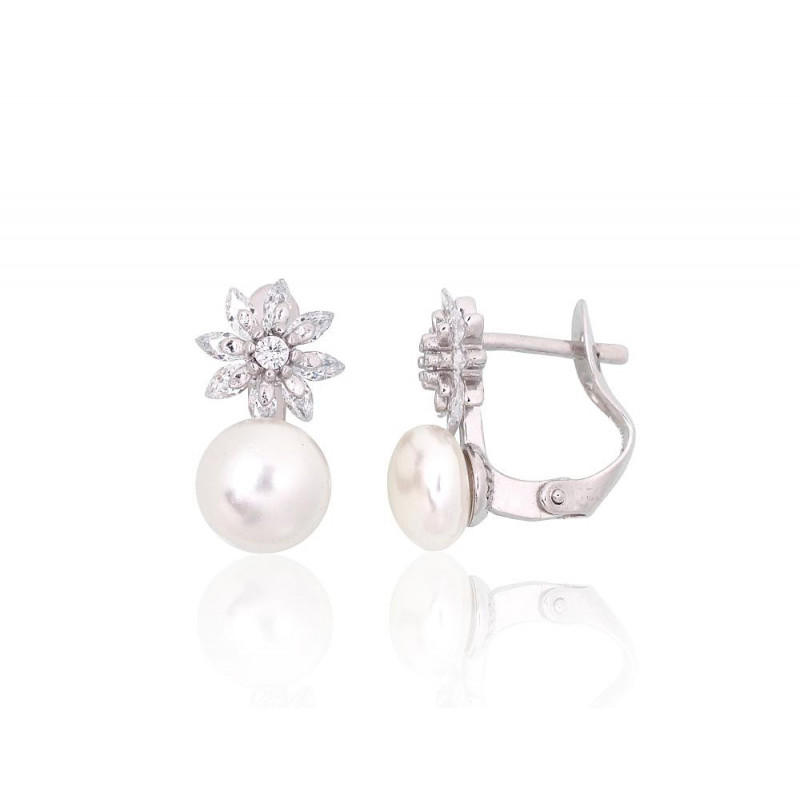 Silver earrings with 'english' lock 2204152(PRh-Gr)_CZ+PE, Silver 925°, Rhodium (Plating), Zirkons , Fresh-water Pearl