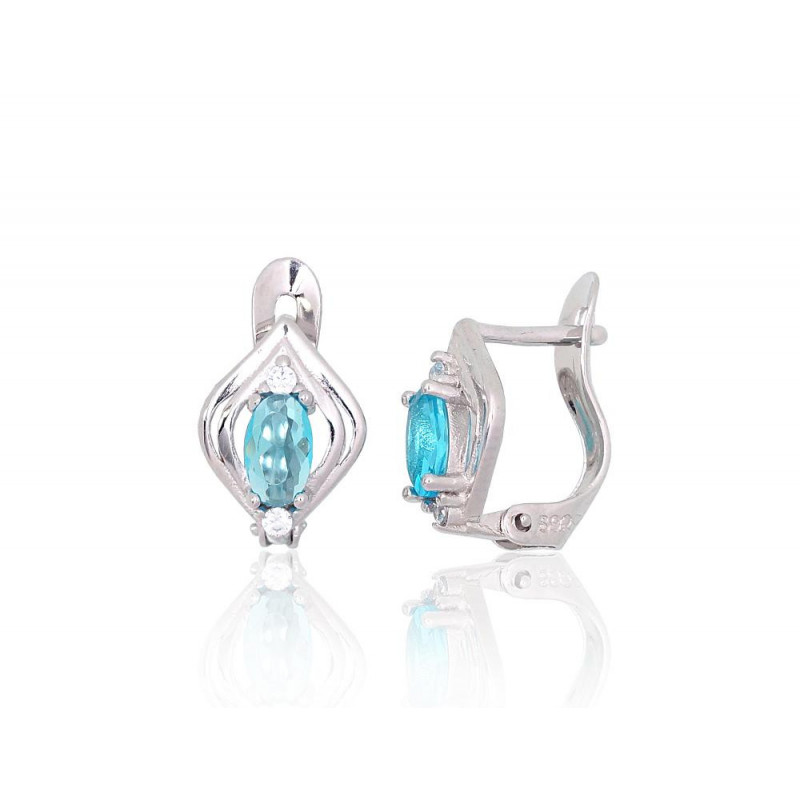 Silver earrings with 'english' lock 2200763(PRh-Gr)_CZ+CZ-AQ, Silver 925°, Rhodium (Plating), Zirkons