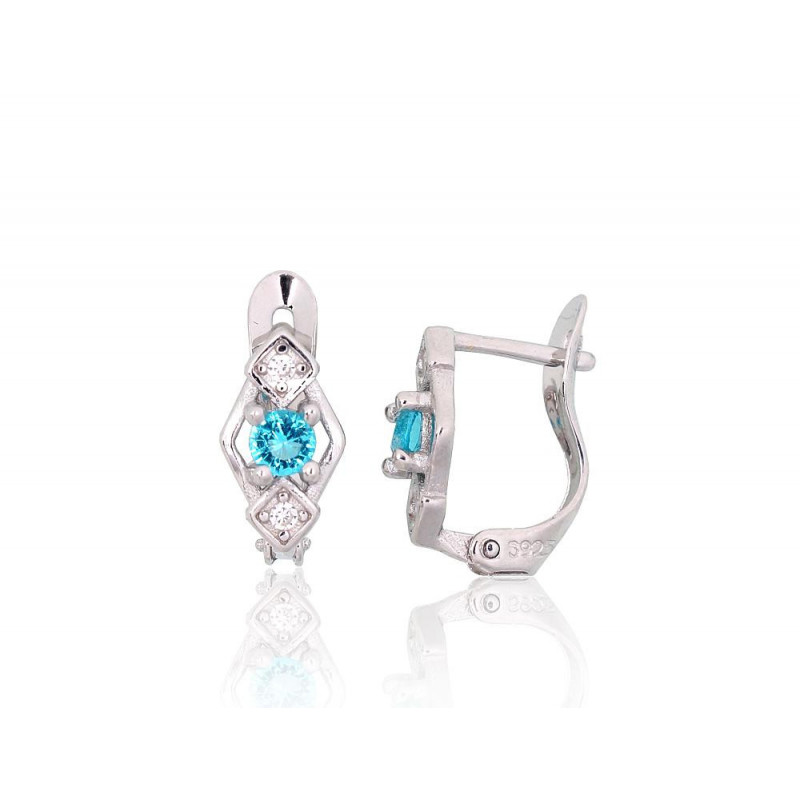 Silver earrings with 'english' lock 2200787(PRh-Gr)_CZ+CZ-AQ, Silver 925°, Rhodium (Plating), Zirkons