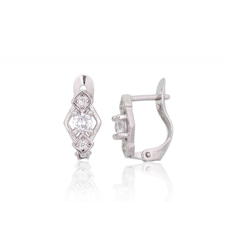 Silver earrings with 'english' lock 2200787(PRh-Gr)_CZ, Silver 925°, Rhodium (Plating), Zirkons