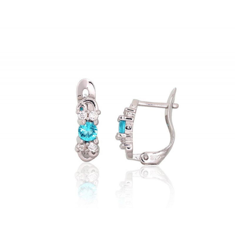 Silver earrings with 'english' lock 2200979(PRh-Gr)_CZ+CZ-AQ, Silver 925°, Rhodium (Plating), Zirkons