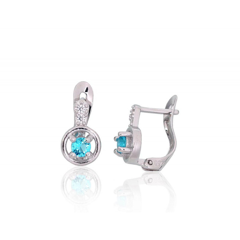 Silver earrings with 'english' lock 2201203(PRh-Gr)_CZ+CZ-AQ, Silver 925°, Rhodium (Plating), Zirkons