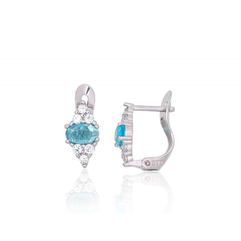 Silver earrings with 'english' lock 2201514(PRh-Gr)_CZ+CZ-AQ, Silver 925°, Rhodium (Plating), Zirkons