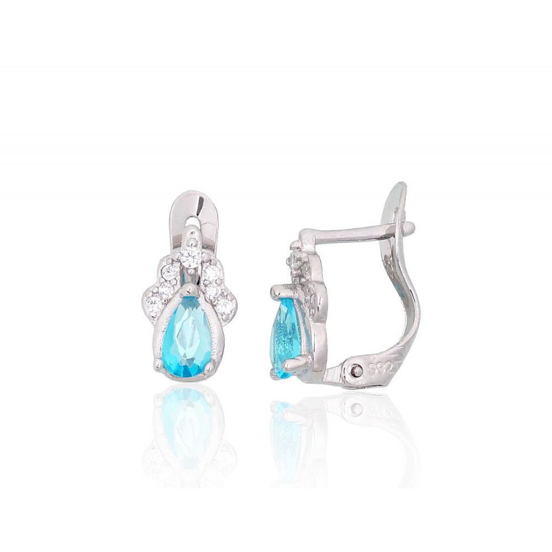 Silver earrings with 'english' lock 2201791(PRh-Gr)_CZ+CZ-AQ, Silver 925°, Rhodium (Plating), Zirkons