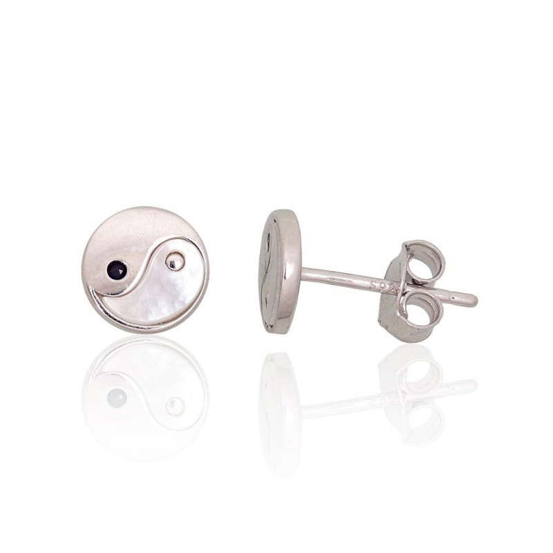 Silver stud earrings 2204159(PRh-Gr)_CZ-BK+PL, Silver 925°, Rhodium (Plating), Zirkons , Mother-of-pearl