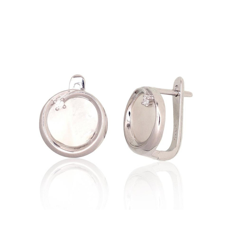 Silver earrings with 'english' lock 2204182(PRh-Gr)_CZ+PL, Silver 925°, Rhodium (Plating), Zirkons , Mother-of-pearl