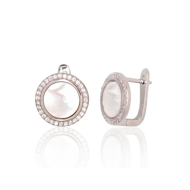 Silver earrings with 'english' lock 2204183(PRh-Gr)_CZ+PL, Silver 925°, Rhodium (Plating), Zirkons , Mother-of-pearl