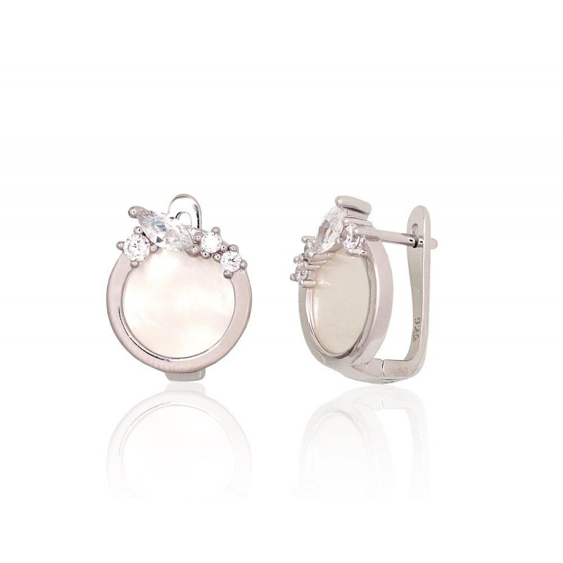 Silver earrings with 'english' lock 2204184(PRh-Gr)_CZ+PL, Silver 925°, Rhodium (Plating), Zirkons , Mother-of-pearl