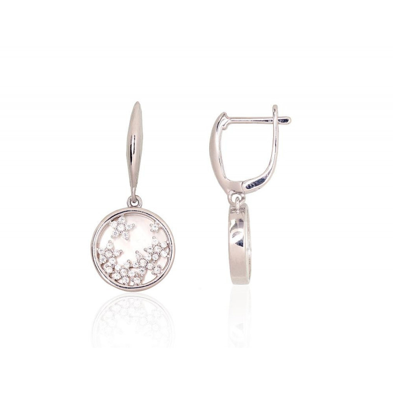 Silver earrings with 'english' lock 2204185(PRh-Gr)_CZ+PL, Silver 925°, Rhodium (Plating), Zirkons , Mother-of-pearl