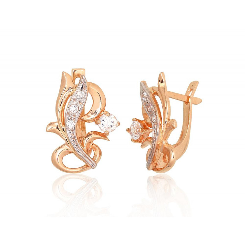 Gold earrings with 'english' lock 1201213(Au-R+PRh-W)_CZ, Red Gold 585°, Rhodium (Plating) , Zirkons