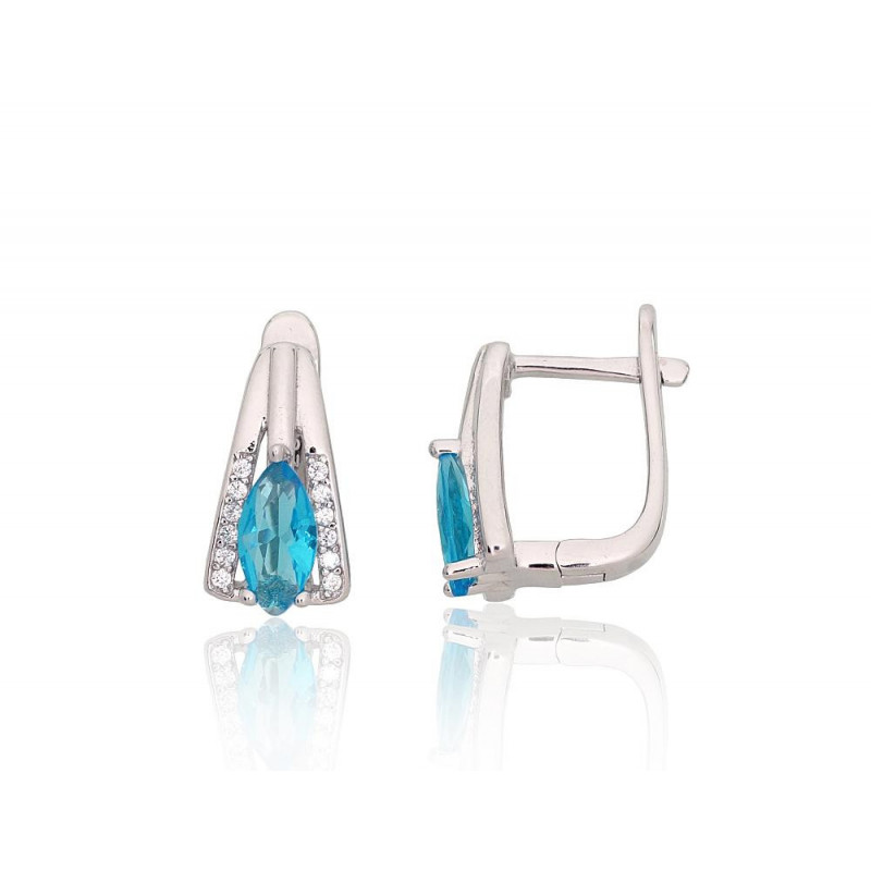 Silver earrings with 'english' lock 2204242(PRh-Gr)_CZ+CZ-AQ, Silver 925°, Rhodium (Plating), Zirkons