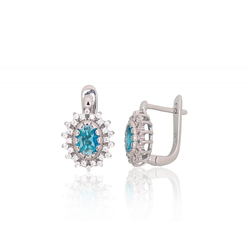 Silver earrings with 'english' lock 2204250(PRh-Gr)_CZ+CZ-AQ, Silver 925°, Rhodium (Plating), Zirkons