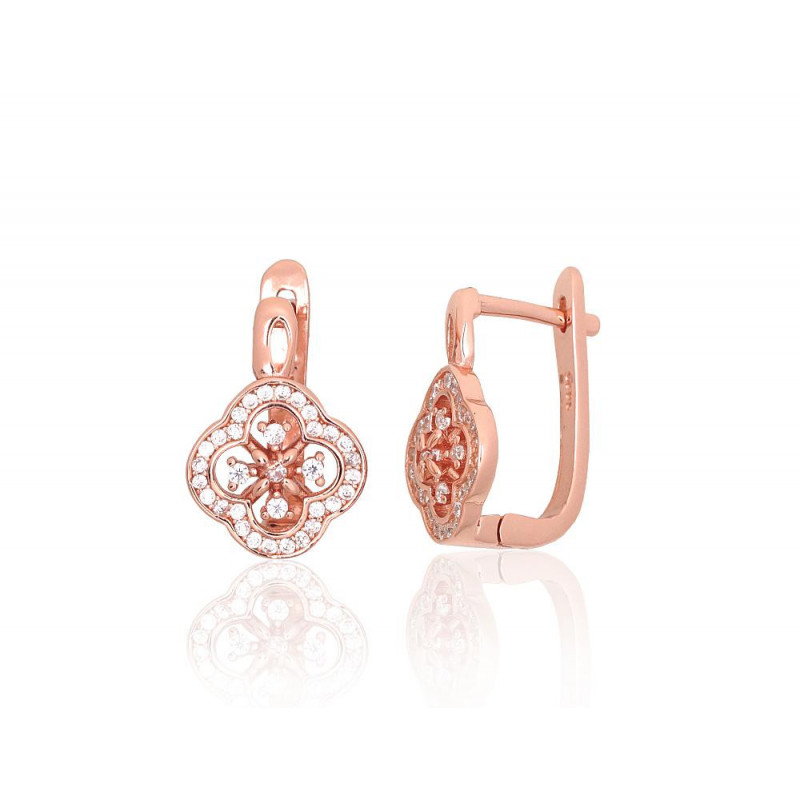 Silver earrings with 'english' lock 2204260(PAu-R)_CZ, Silver 925°, red gold (Plating), Zirkons