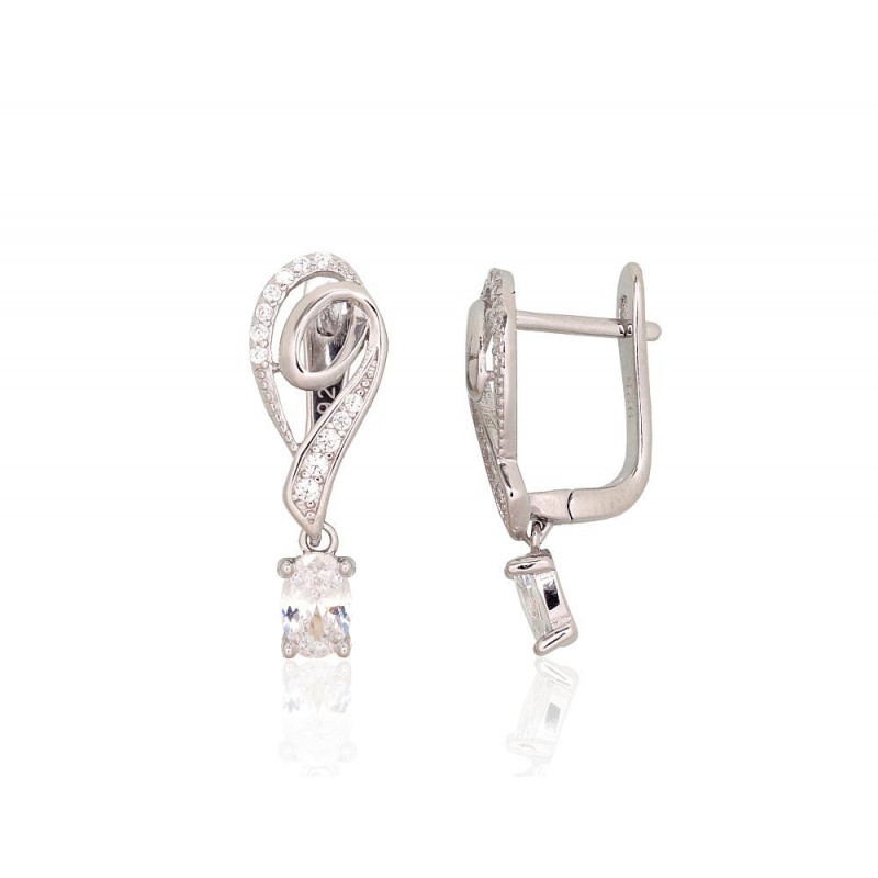 Silver earrings with 'english' lock 2204240(PRh-Gr)_CZ, Silver 925°, Rhodium (Plating), Zirkons