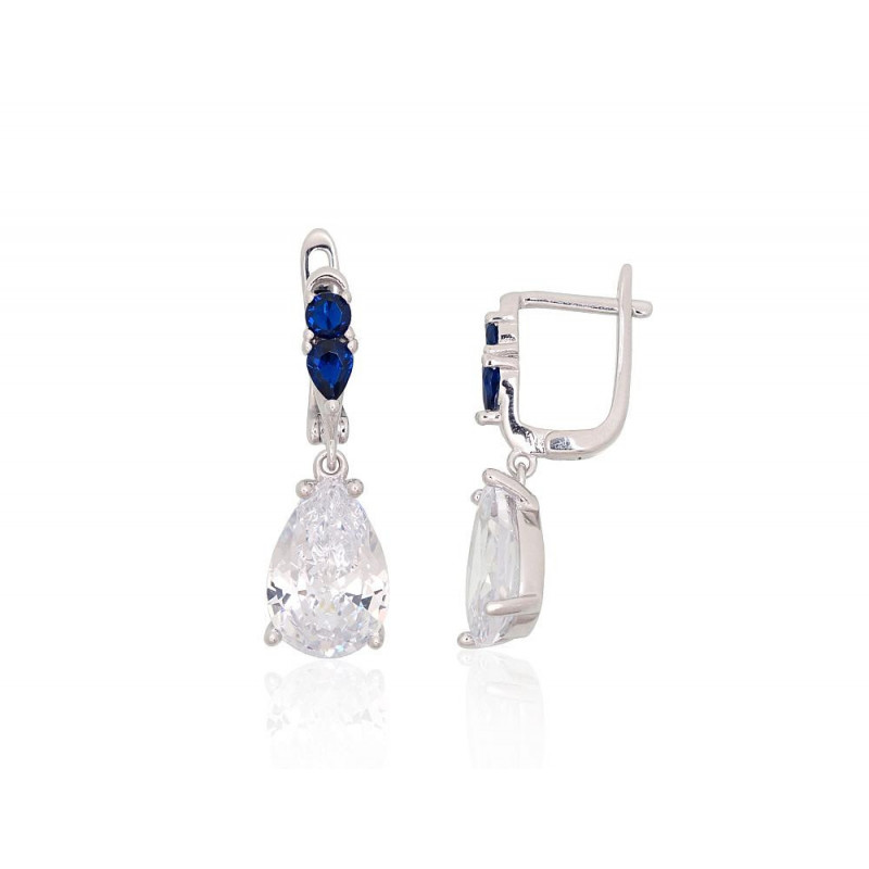 Silver earrings with 'english' lock 2204246(PRh-Gr)_CZ+CZ-B, Silver 925°, Rhodium (Plating), Zirkons