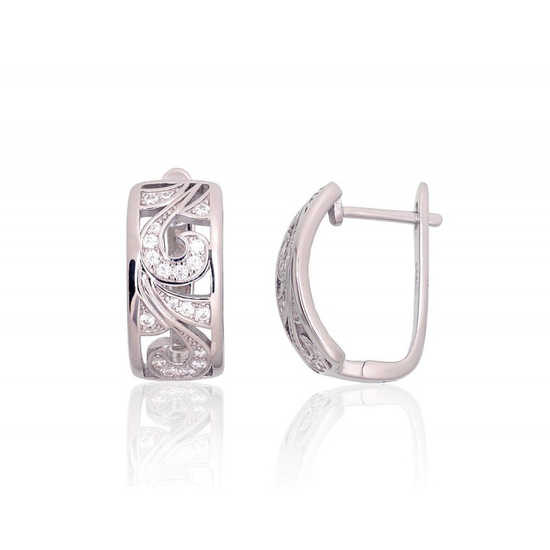 Silver earrings with 'english' lock 2204261(PRh-Gr)_CZ, Silver 925°, Rhodium (Plating), Zirkons