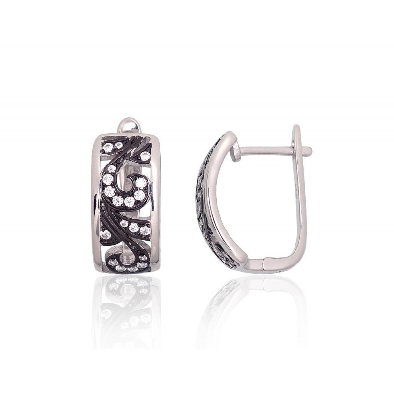 Silver earrings with 'english' lock 2204261(PRh-Gr+PRh-Bk)_CZ, Silver 925°, Rhodium (Plating), Zirkons