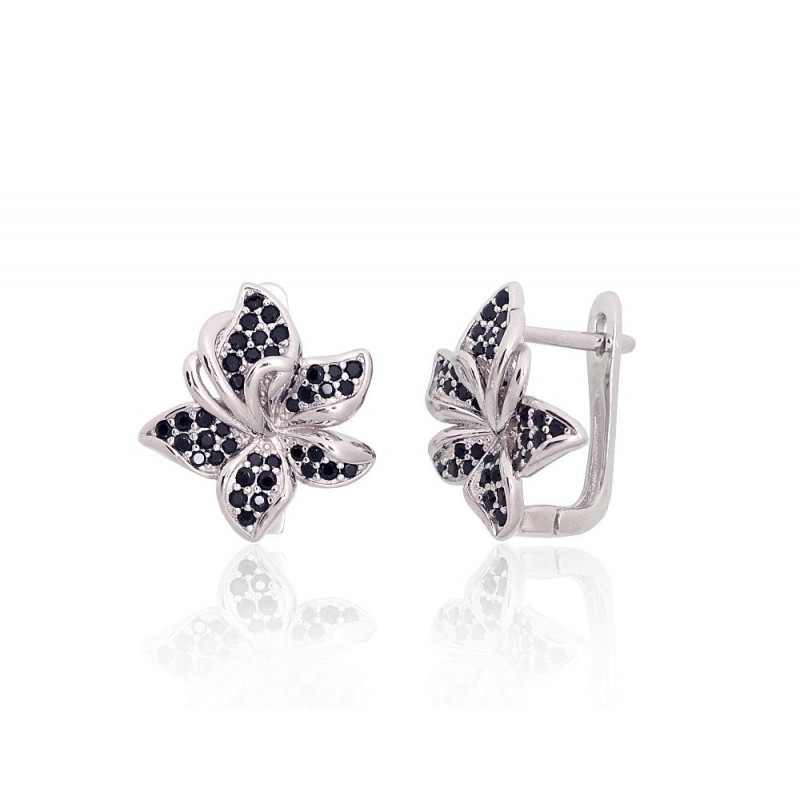 Silver earrings with 'english' lock 2204262(PRh-Gr)_CZ-BK, Silver 925°, Rhodium (Plating), Zirkons