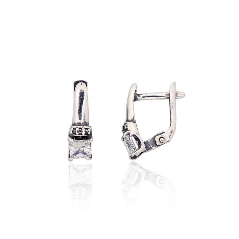 Silver earrings with 'english' lock 2204263(POx-Bk)_CZ, Silver 925°, oxide (Plating), Zirkons