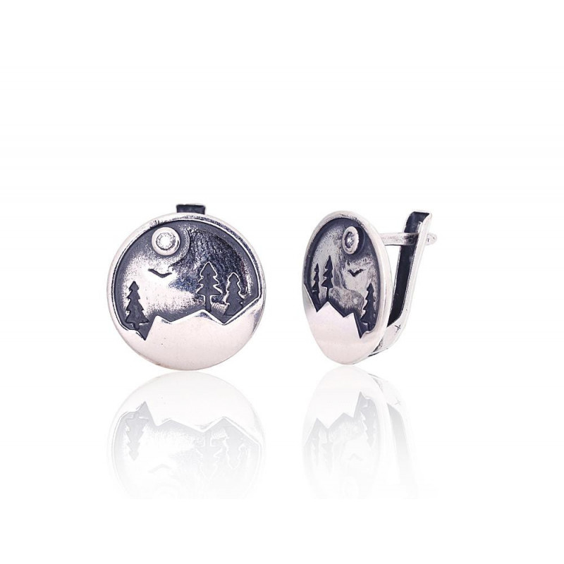 Silver earrings with 'english' lock 2204265(POx-Bk)_CZ, Silver 925°, oxide (Plating), Zirkons