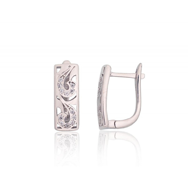 Silver earrings with 'english' lock 2204212(PRh-Gr)_CZ, Silver 925°, Rhodium (Plating), Zirkons