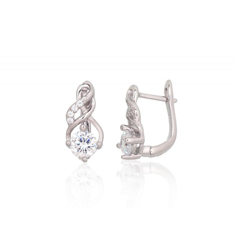 Silver earrings with 'english' lock 2204236(PRh-Gr)_CZ, Silver 925°, Rhodium (Plating), Zirkons