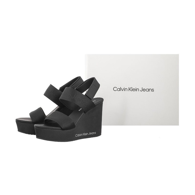 Calvin Klein Wedge Sandal Webbing In Mtl Black/Stormfront YW0YW01479 0GO (CK512-a) shoes