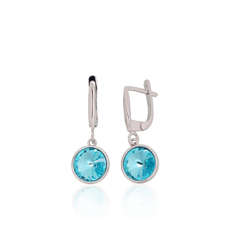 Silver earrings with 'english' lock 2204275(PRh-Gr)_SV-AQ, Silver 925°, Rhodium (Plating), Crystals