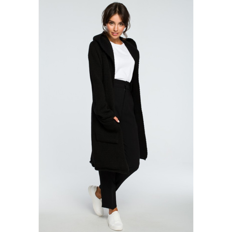 BK016 Long unbuttoned cardigan with pockets - black