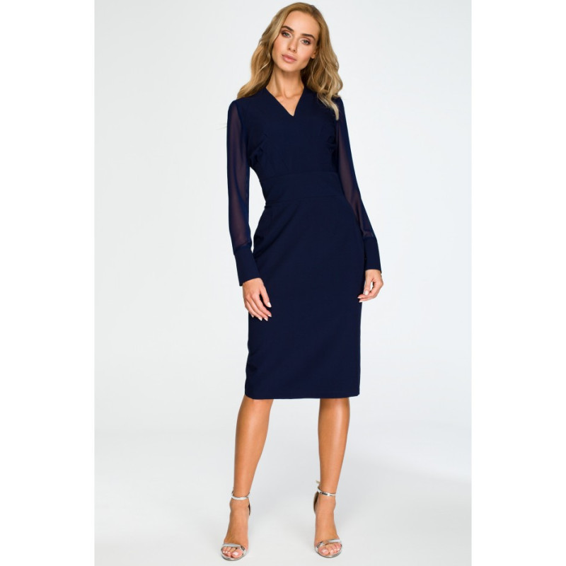 S136 Pencil dress with chiffon sleeves - navy blue