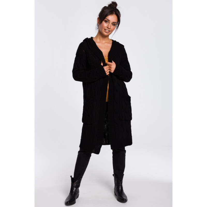 BK033 Long cardigan with plaid - black