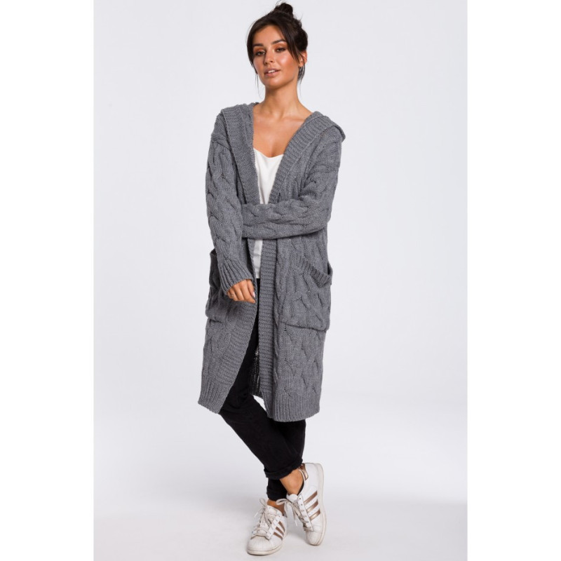 BK033 Long cardigan with plaid - gray