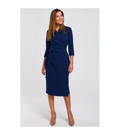 S175 Envelope dress with waist belt - navy blue