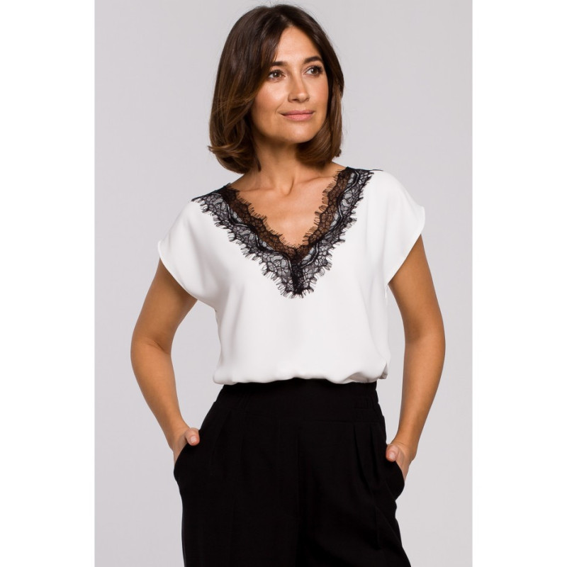 S206 Sleeveless blouse with lace trimmed neckline - ecru